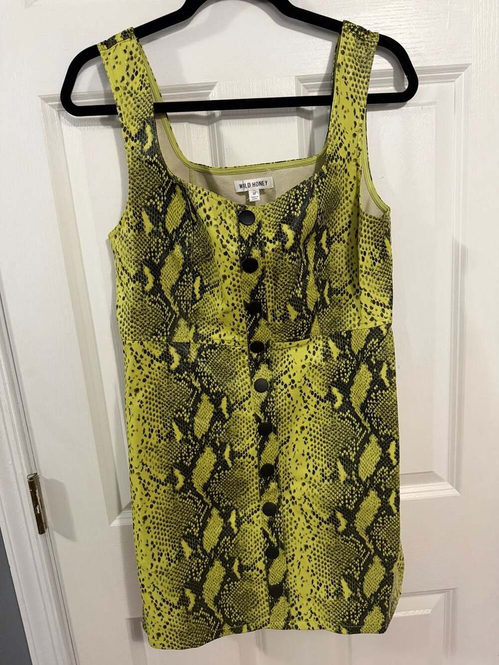 WILD HONEY Lime Yellow Snake Print Faux Leather Button Front Mini Dress